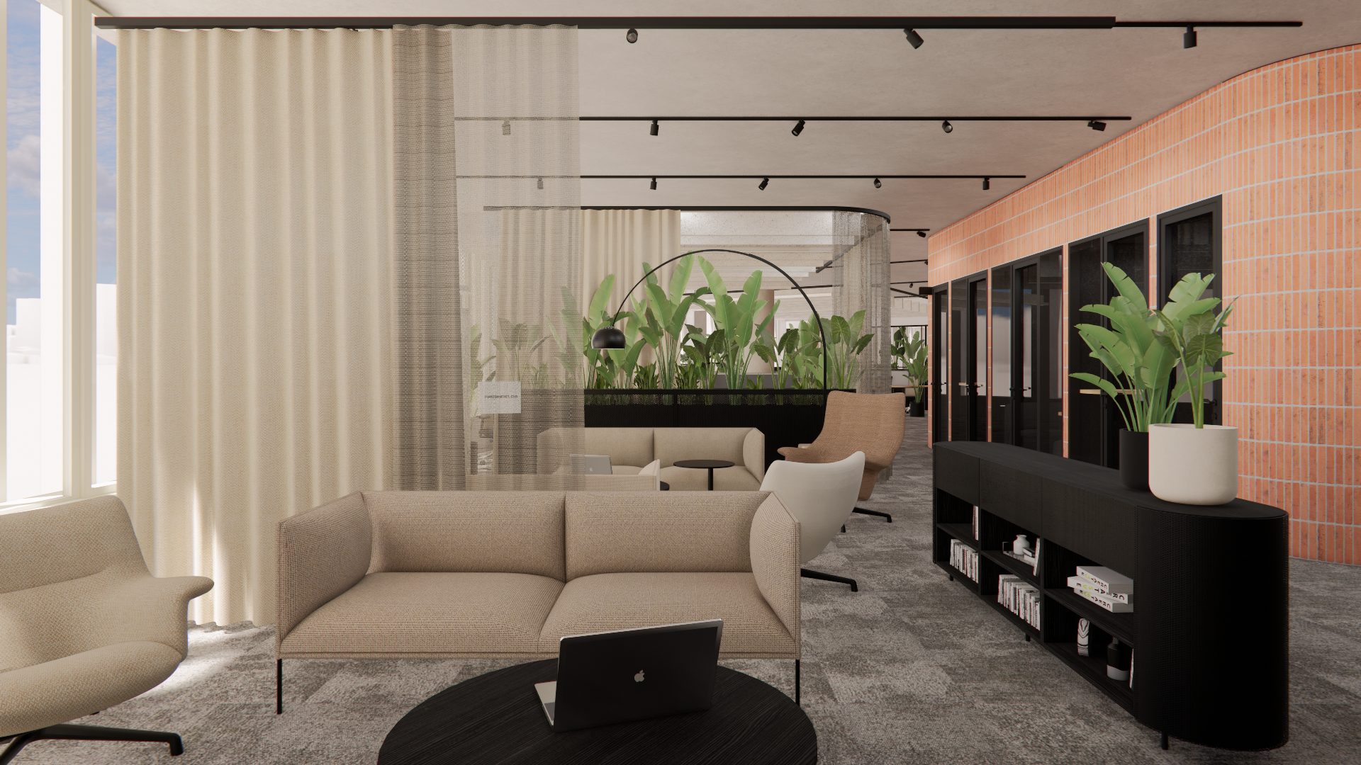 Concept visualisation: lounge and breakout zone with soft seating, planting and a brick feature wall
